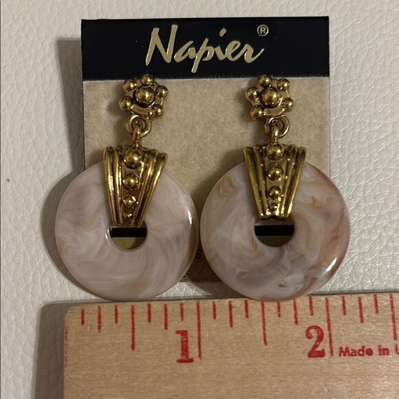 Napier Signed Gold and Cream Disc Earrings with Ornate Design - Picture 2 of 5